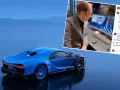 Niebieski Bugatti Chiron, jeden z tych, które ma w Polsce, na tle gór. Obok mężczyzna przy komputerze.