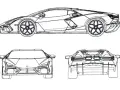 Szkic techniczny Lamborghini, pokazujący jak narysować ten sportowy samochód z różnych perspektyw: z boku, przodu i tyłu.
