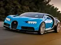 Niebieski Bugatti Chiron pędzi po drodze, budząc podziw mocą 1500 koni mechanicznych.