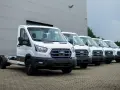 Rząd białych Fordów Transit, gotowych do pracy. Zastanawiasz się, ile waży bus dostawczy? Te modele czekają na zabudowę.