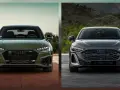 Dwa najnowsze Audi, zielone i grafitowe, prezentują swoje agresywne grille i nowoczesne reflektory.