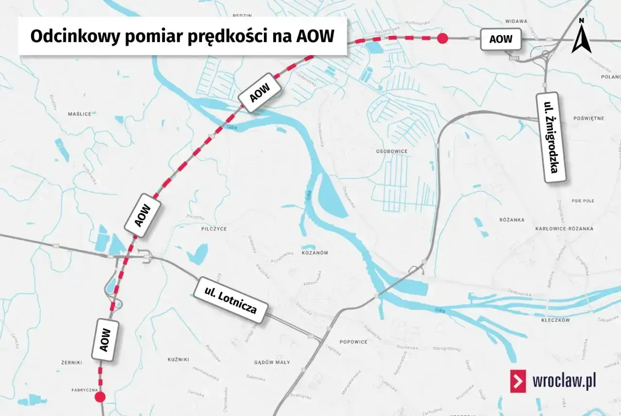 Mapa odcinkowy pomiar prędkości na AOW we Wrocławiu, zaznaczone odcinki i lokalizacje kamer.