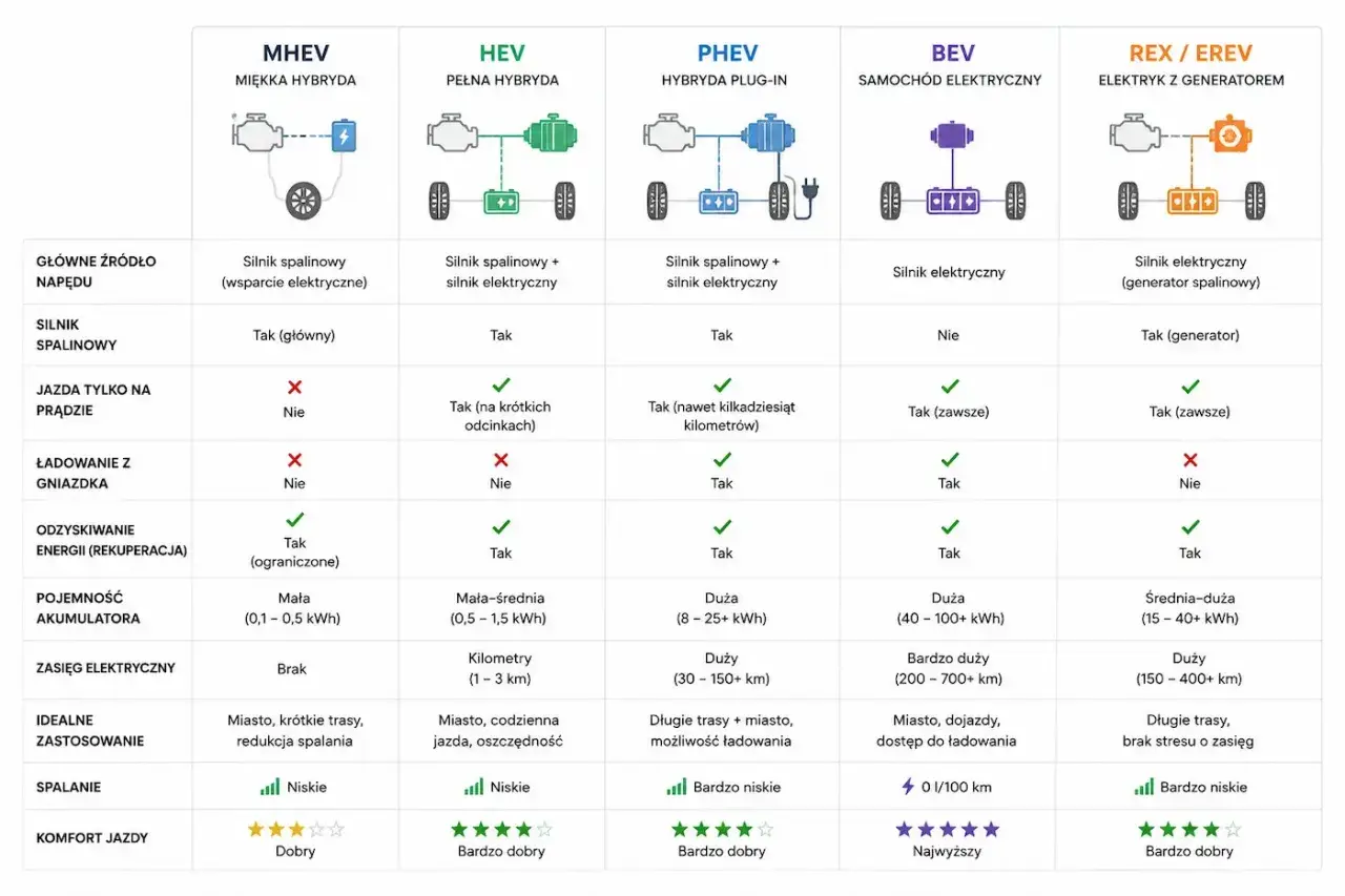 Porównanie typów napędów: MHEV, HEV, PHEV, BEV, REX/EREV. Tabela pokazuje, że hybryda plug-in (PHEV) oferuje jazdę na prądzie do kilkudziesięciu kilometrów.