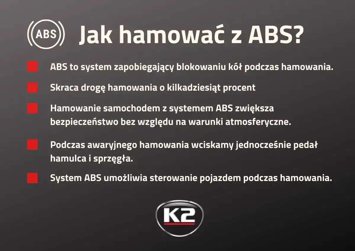 Jak hamować z ABS? System zapobiega blokowaniu kół, skraca drogę hamowania i zwiększa bezpieczeństwo. Podczas awaryjnego hamowania wciskaj pedał hamulca i sprzęgła. ABS pozwala sterować pojazdem.