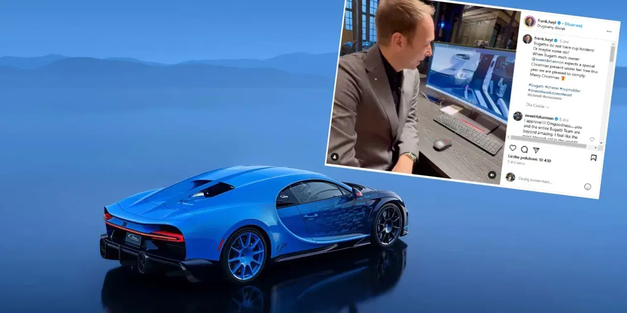 Niebieski Bugatti Chiron, jeden z tych, które ma w Polsce, na tle gór. Obok mężczyzna przy komputerze.