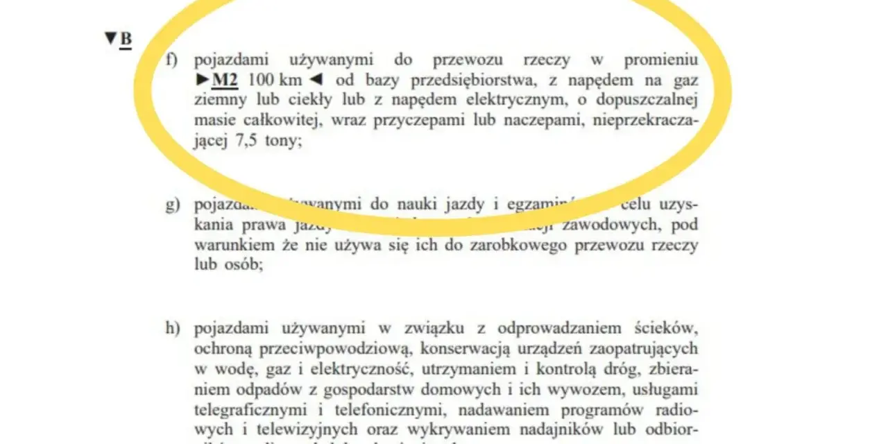 Fragment tekstu z żółtym obramowaniem, opisujący pojazdy do przewozu rzeczy o masie do 7,5 tony.
