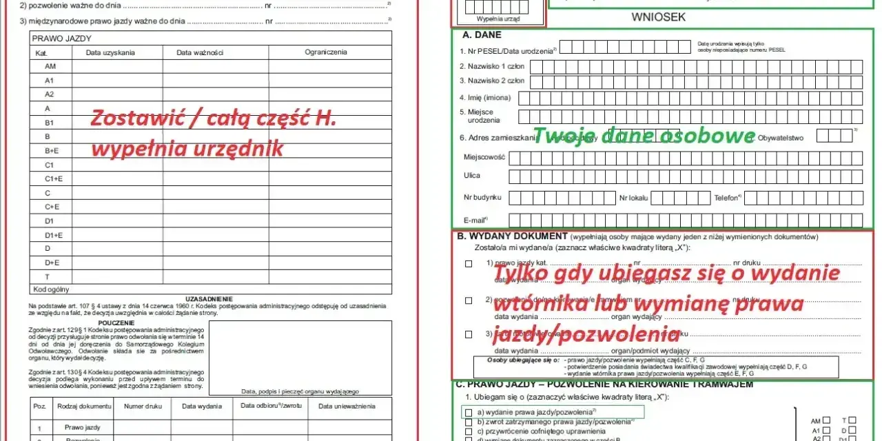 Wniosek o wydanie prawa jazdy, wtórnika lub wymianę dokumentu. Wypełnij dane osobowe i zaznacz właściwe kwadraty.