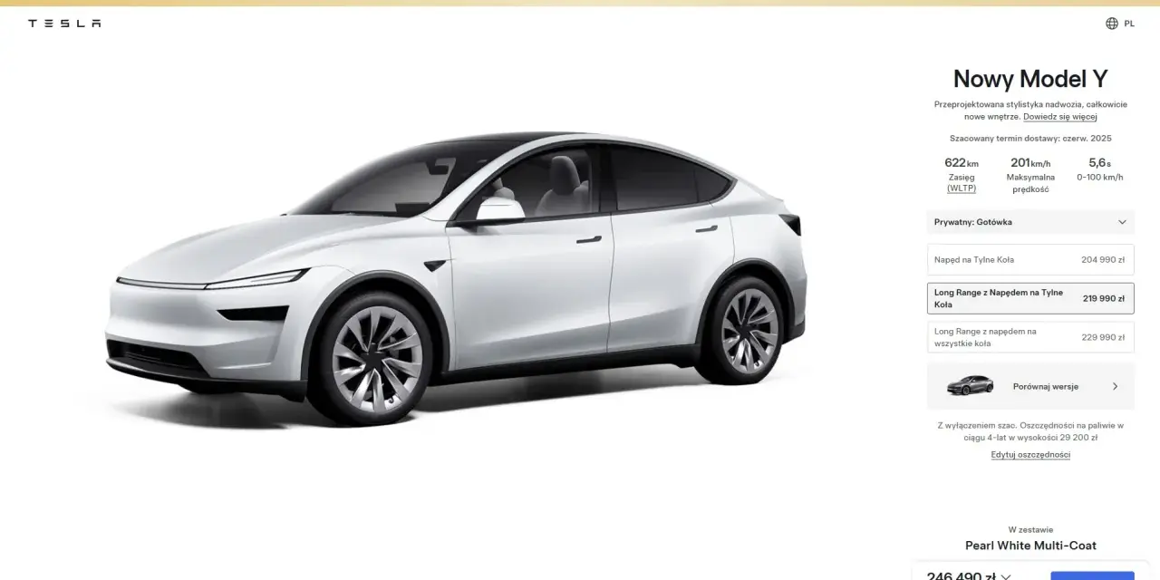 Biała Tesla Model Y Long Range z napędem na tylne koła kosztuje 219 990 zł. Sprawdź, ile kosztuje Tesla Model Y w innych konfiguracjach.