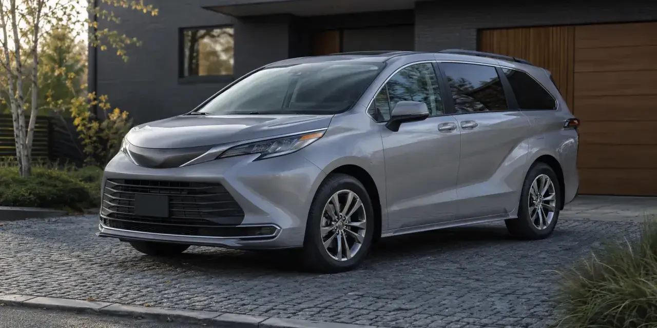 Srebrna Toyota Sienna zaparkowana na brukowanym podjeździe przed nowoczesnym domem.
