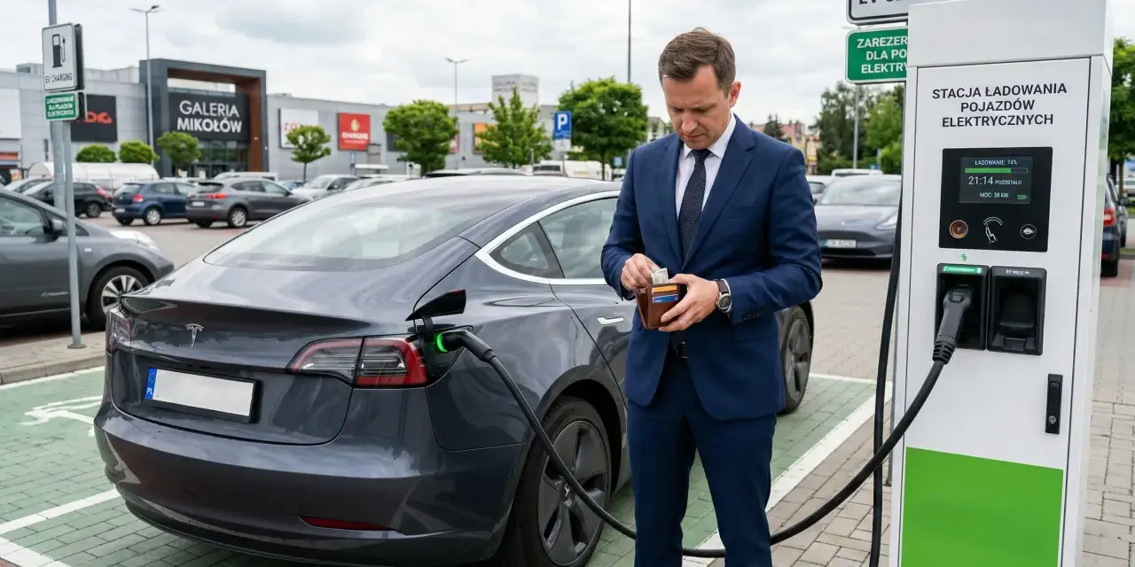 Biznesmen sprawdza portfel przy ładowarce, gdy jego elektryczny samochód pobiera prąd. Na ekranie stacji ładowania widać 38 kW.