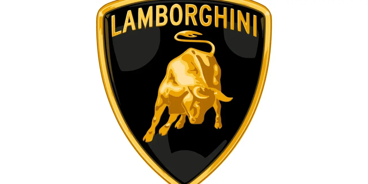 Złoty byk na czarnym tle, nazwa "Lamborghini" u góry. Taki znaczek ma lamborghini.