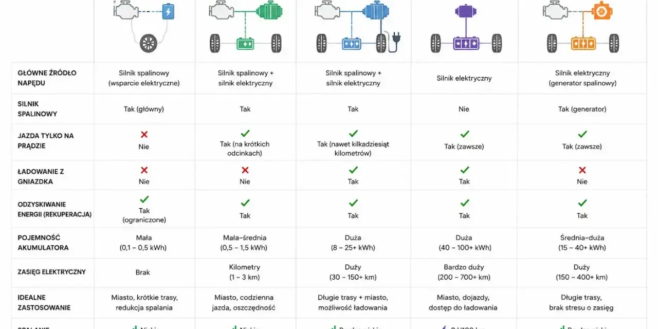 Porównanie typów napędów: MHEV, HEV, PHEV, BEV, REX/EREV. Tabela pokazuje, że hybryda plug-in (PHEV) oferuje jazdę na prądzie do kilkudziesięciu kilometrów.