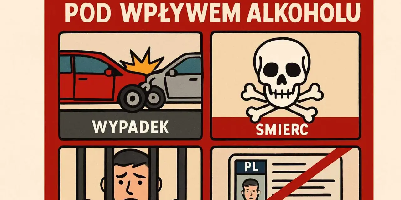 Konsekwencje jazdy pod wpływem alkoholu: wypadek, śmierć, więzienie, utrata prawa jazdy. Nie ryzykuj!