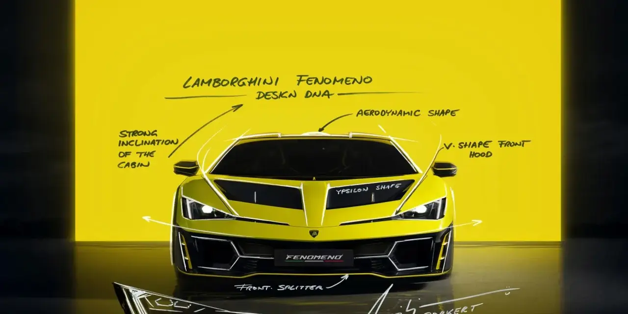 Żółty Lamborghini Fenomeno, zarysowany na tle żółtej ściany, z opisami designu. To jest prawdziwy lambordżini!