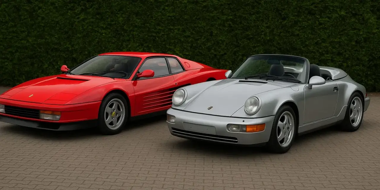 Czerwone Ferrari Testarossa i srebrny kabriolet Porsche 911 stoją obok siebie. Który wybierasz?