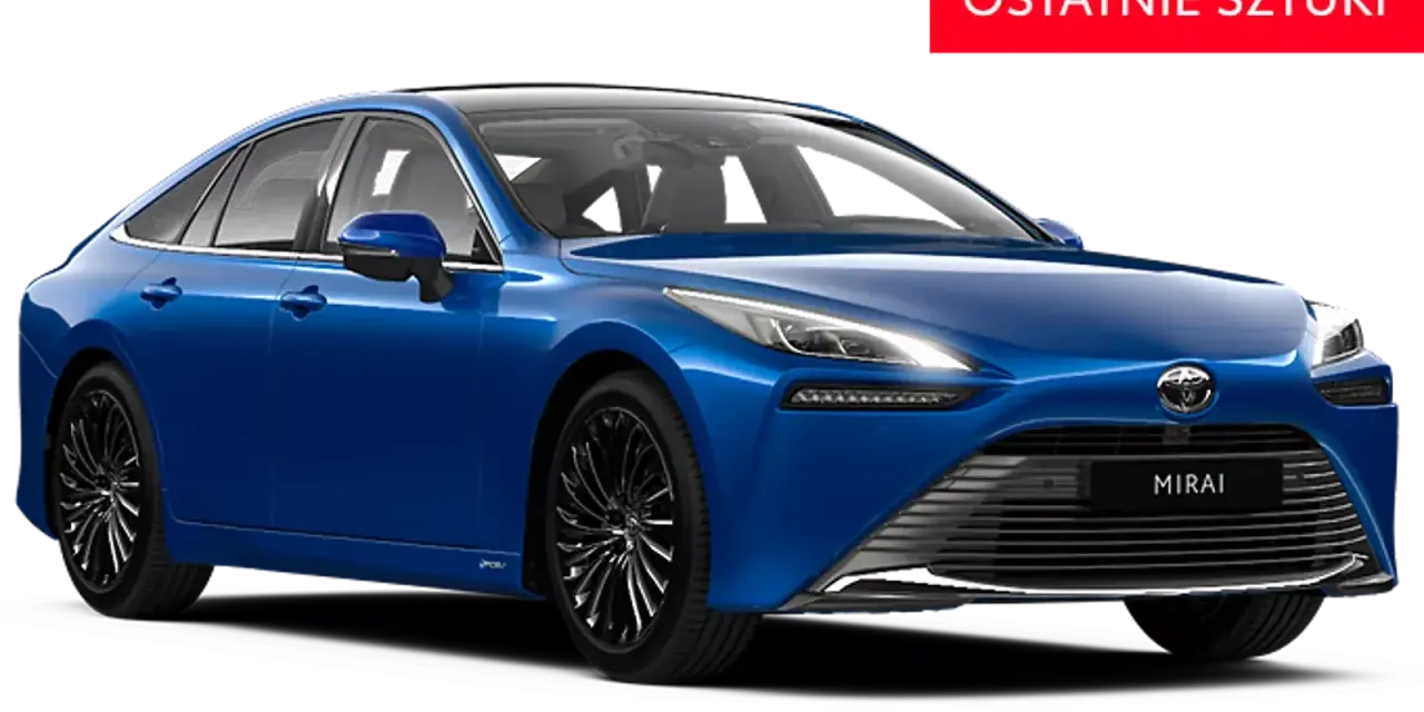 Niebieski Toyota Mirai, samochód wodorowy, pokazuje jak działa hybryda toyoty. Ostatnie sztuki!