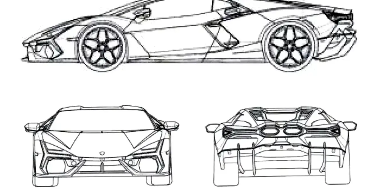Szkic techniczny Lamborghini, pokazujący jak narysować ten sportowy samochód z różnych perspektyw: z boku, przodu i tyłu.