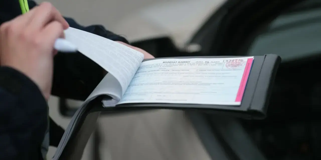 Policjant wypisuje mandat za kolizję. Dokument zawiera numer seryjny i pieczęć.