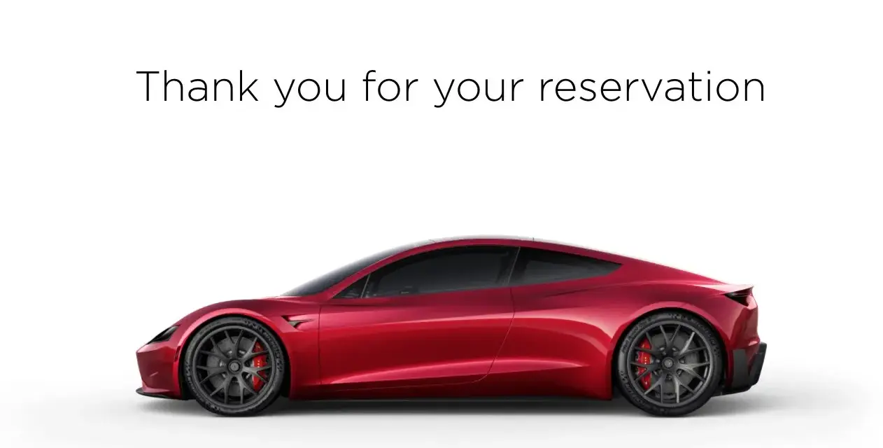 Czerwony Tesla Roadster, potwierdzenie rezerwacji. Zastanawiasz się, ile kosztuje Tesla Roadster?