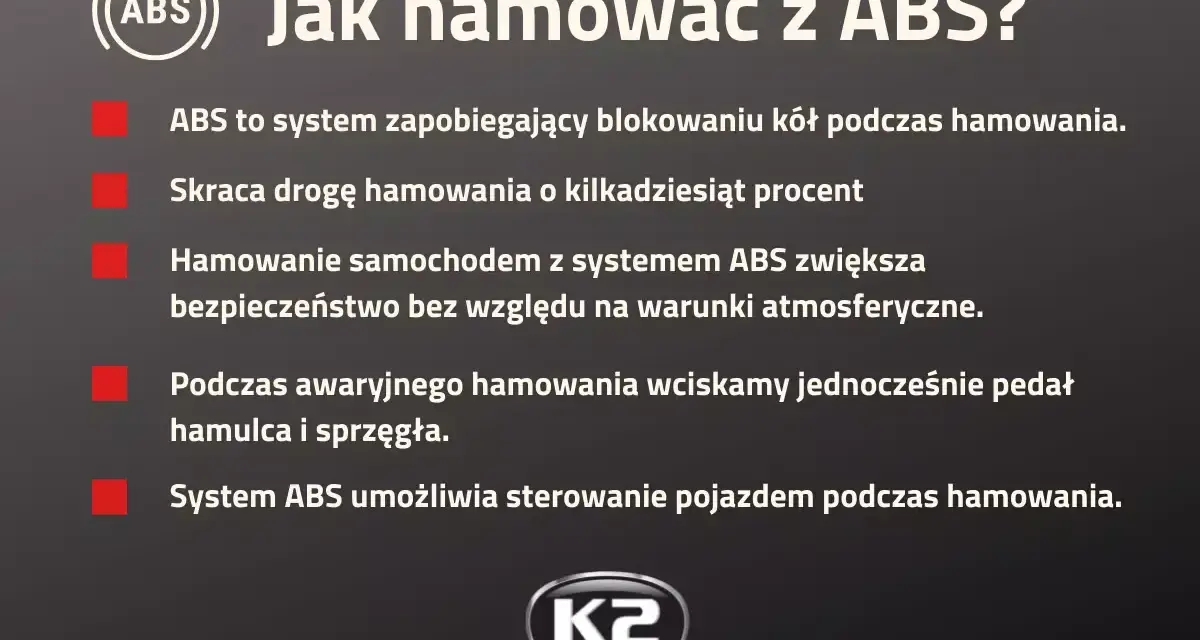 Jak hamować z ABS? System zapobiega blokowaniu kół, skraca drogę hamowania i zwiększa bezpieczeństwo. Podczas awaryjnego hamowania wciskaj pedał hamulca i sprzęgła. ABS pozwala sterować pojazdem.