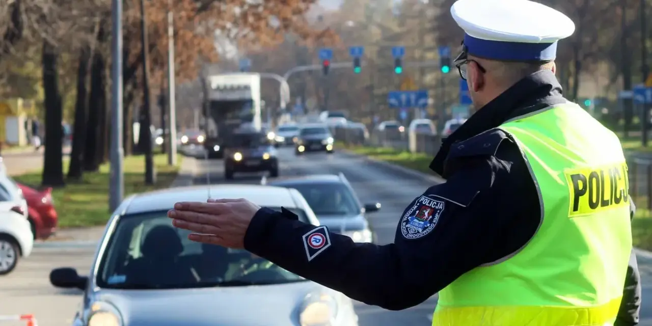 Policjant kieruje ruchem na ulicy. Kierowca zatrzymuje się, bo zgubił prawo jazdy i boi się kontroli.