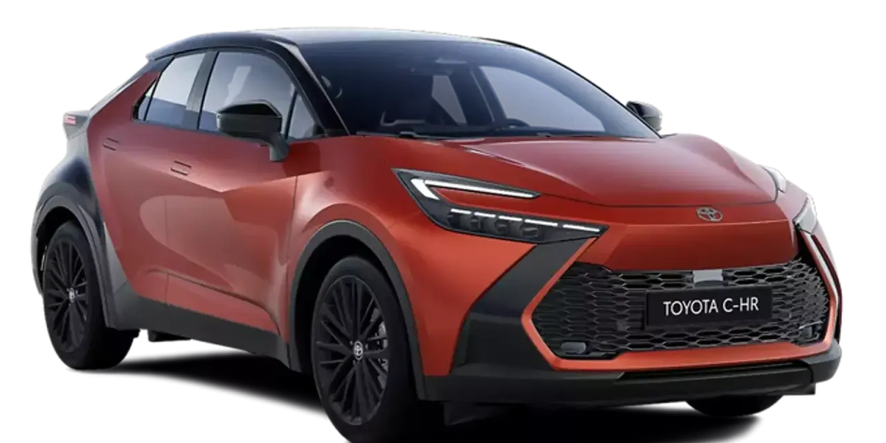 Pomarańczowy Toyota C-HR Hybrid, ciekawy design, niskie spalanie.
