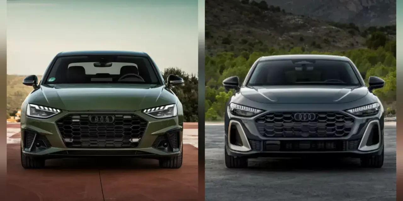 Dwa najnowsze Audi, zielone i grafitowe, prezentują swoje agresywne grille i nowoczesne reflektory.