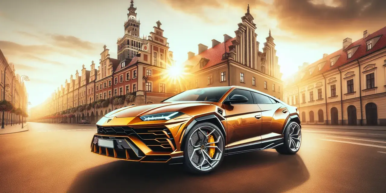 Złoty Lamborghini Urus na tle zabytkowej ulicy. Zastanawiasz się, ile kosztuje Lamborghini Urus? Ten luksusowy SUV zachwyca designem i mocą.
