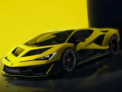 Żółte Lamborghini z czarnymi akcentami na tle żółtej ściany i ciemnego tła.
