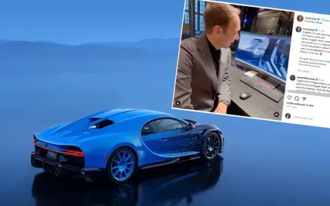 Niebieski Bugatti Chiron, jeden z tych, które ma w Polsce, na tle gór. Obok mężczyzna przy komputerze.