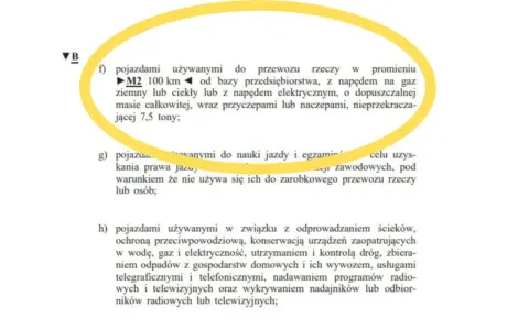 Fragment tekstu z żółtym obramowaniem, opisujący pojazdy do przewozu rzeczy o masie do 7,5 tony.