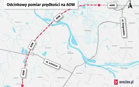 Mapa odcinkowy pomiar prędkości na AOW we Wrocławiu, zaznaczone odcinki i lokalizacje kamer.