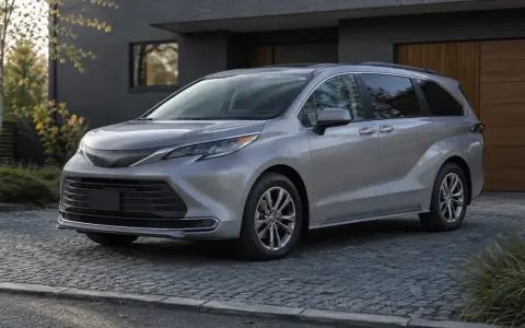 Srebrna Toyota Sienna zaparkowana na brukowanym podjeździe przed nowoczesnym domem.