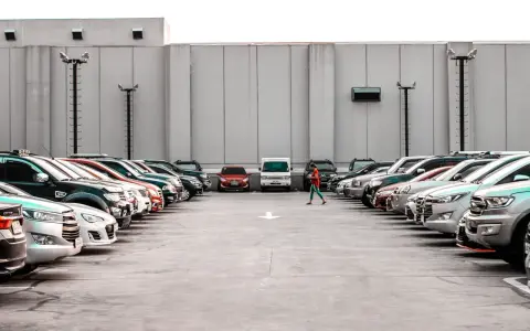 Rząd samochodów na parkingu, jedna osoba idzie pośrodku.