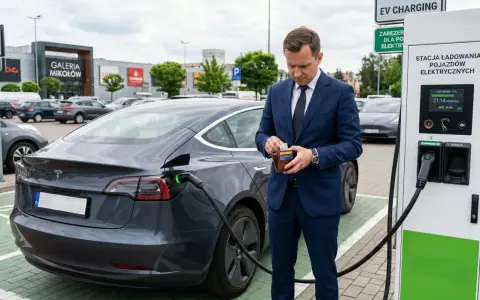 Biznesmen sprawdza portfel przy ładowarce, gdy jego elektryczny samochód pobiera prąd. Na ekranie stacji ładowania widać 38 kW.