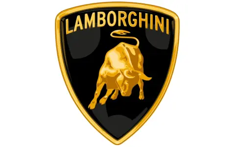 Złoty byk na czarnym tle, nazwa "Lamborghini" u góry. Taki znaczek ma lamborghini.