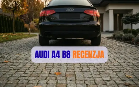 Czarny Audi A4 B8 na podjeździe przed domem. Tekst "AUDI A4 B8 RECENZJA" nałożony na obraz.