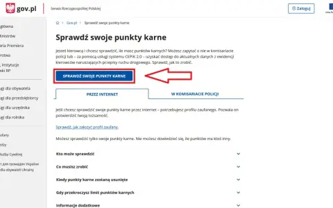 Strona gov.pl pozwala sprawdzić punkty karne w systemie CEPiK 2.0. Kliknij przycisk "Sprawdź swoje punkty karne", aby dowiedzieć się więcej.
