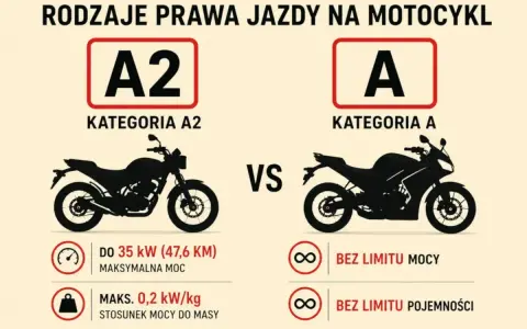 Porównanie kategorii A2 i A prawa jazdy na motocykl. A2 to motocykle do 35 kW, A to bez limitu mocy i pojemności.