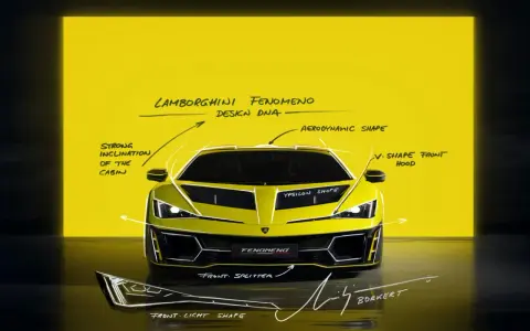 Żółty Lamborghini Fenomeno, zarysowany na tle żółtej ściany, z opisami designu. To jest prawdziwy lambordżini!