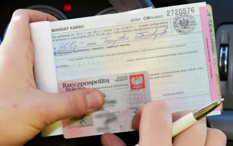 Ręka trzyma mandat karny na 300 zł i dowód osobisty. Ktoś wypełnia dokument, być może to mandat za parkowanie.