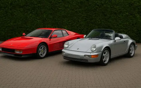 Czerwone Ferrari Testarossa i srebrny kabriolet Porsche 911 stoją obok siebie. Który wybierasz?