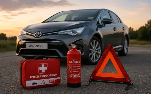 Apteczka, gaśnica i trójkąt ostrzegawczy – obowiązkowe wyposażenie auta, gotowe na każdą sytuację na drodze.