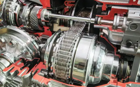 Przekrój skrzyni biegów CVT z widocznym łańcuchem i elementami mechanicznymi.