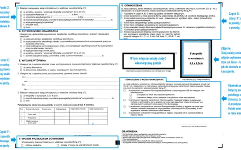 Formularz wniosku o wydanie nowego prawa jazdy, z zaznaczonymi polami i miejscem na zdjęcie.