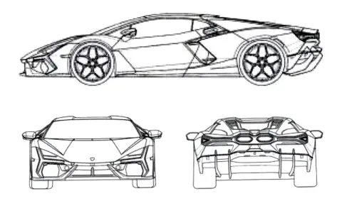 Szkic techniczny Lamborghini, pokazujący jak narysować ten sportowy samochód z różnych perspektyw: z boku, przodu i tyłu.