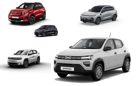 Szukasz najtańszych samochodów elektrycznych? Zobacz te modele: czerwony E-C3, czarny miejski, biały Panda, szary B10 i biały Spring.