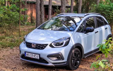 Jasny Honda Jazz Crosstar zaparkowany w lesie, obok drewnianego domku.