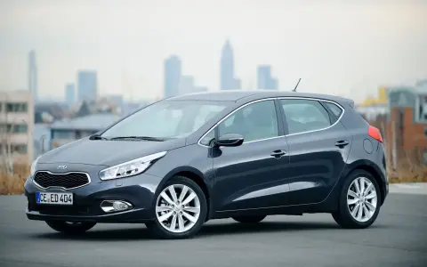 Ciemnoszary Kia Ceed 1. hatchback stoi na tle miejskiej panoramy.