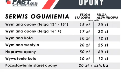 Cennik serwisu opon: ile kosztuje wymiana opon na felgach stalowych i aluminiowych, naprawa, wyważenie.